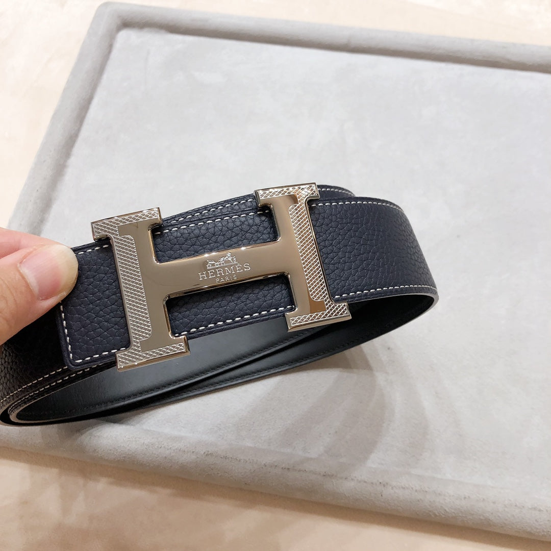HM H D'ANCRE BELT BUCKLE & REVERSIBLE BLACK LEATHER STRAP 38 MM GREY SILVER HARDWARE - 30