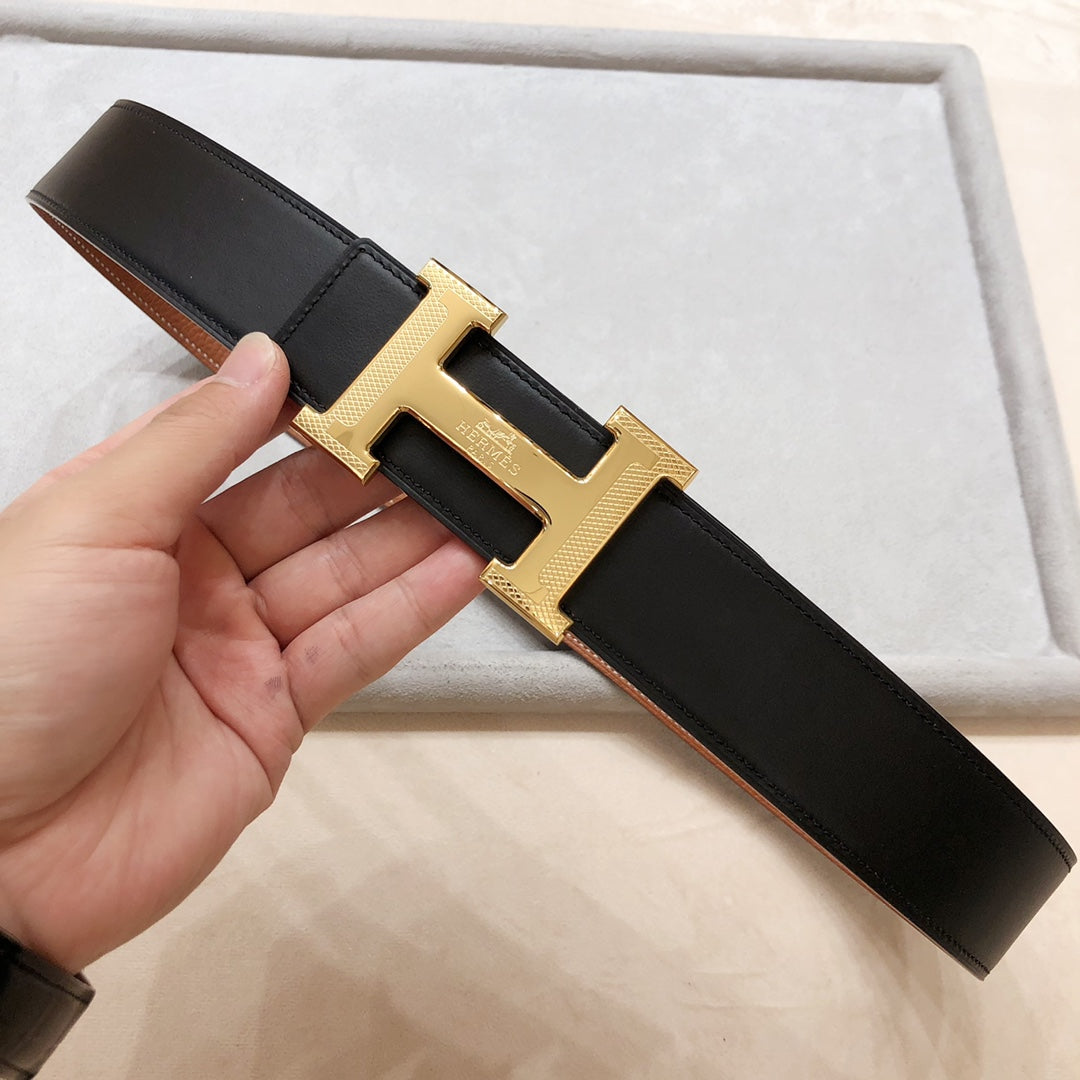 HM H D'ANCRE BELT BUCKLE & REVERSIBLE BRONZE BROWN LEATHER STRAP 38 MM GOLD HARDWARE - 30