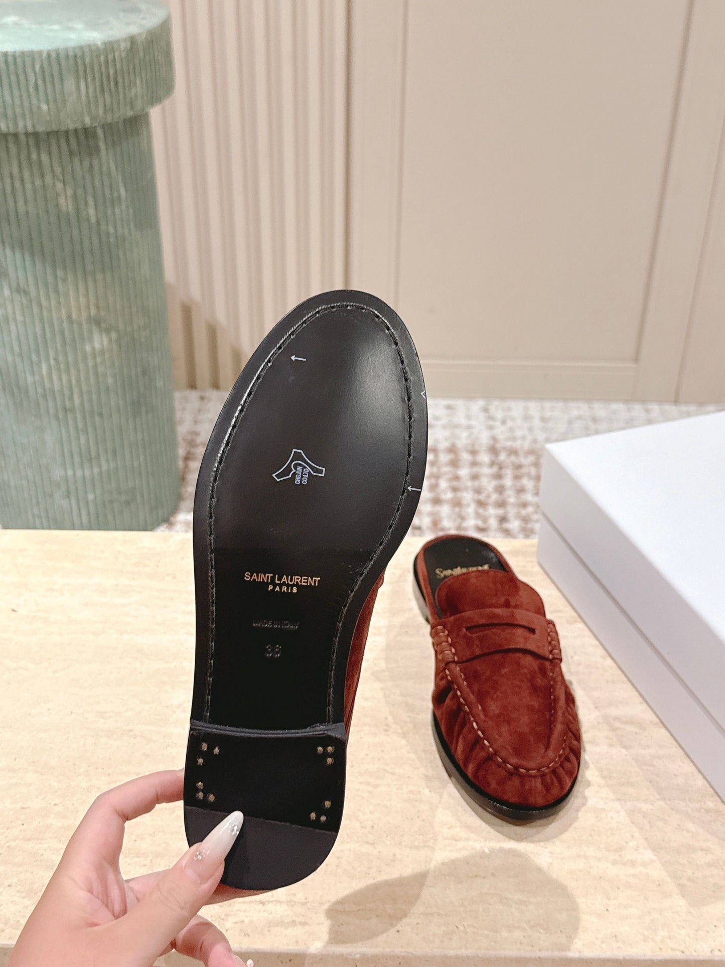YSL 25S LOAFER MULE IN DARK BRICK RED SUEDE - 35