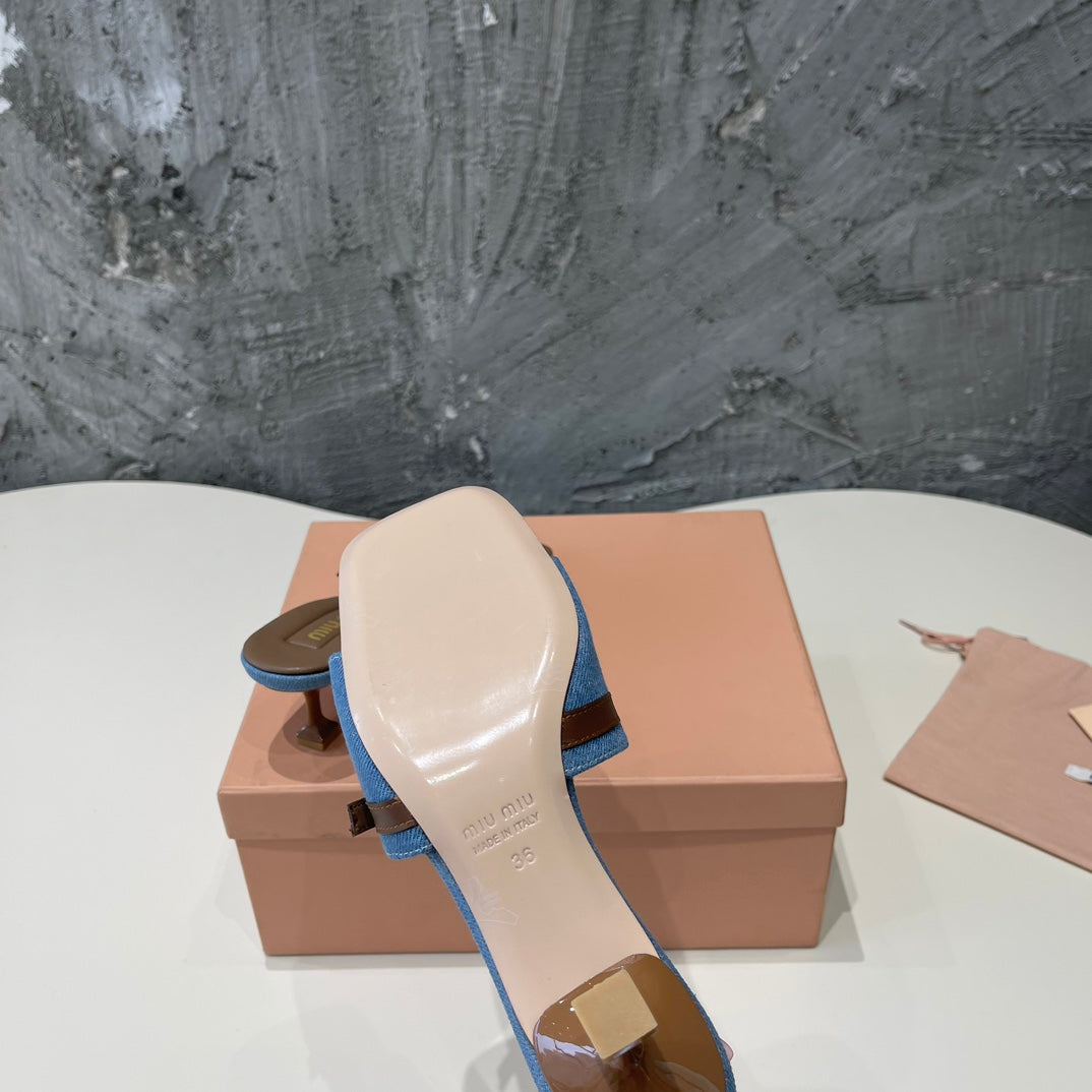 CARAMEL HIGH HEEL WITH BLUE STRAPS AND CARAMEL BELT - 35