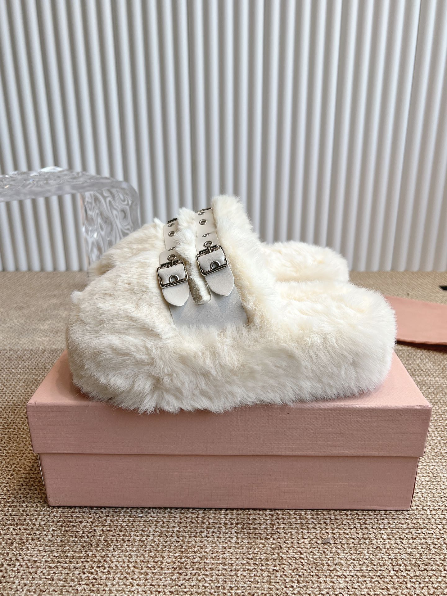 MULES IN WHITE RABBIT FUR SILVER HARDWARE - 35