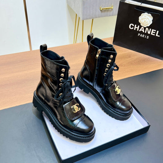 CHANEL 25S ВИСОКІ ЧОБОТИ НА КИДІ З БЛИСКАВКОЮ З ЧОРНОЇ ТЕЛЯЧОЇ ШКІРИ, ЗОЛОТА ФУРНІТУРА - 35