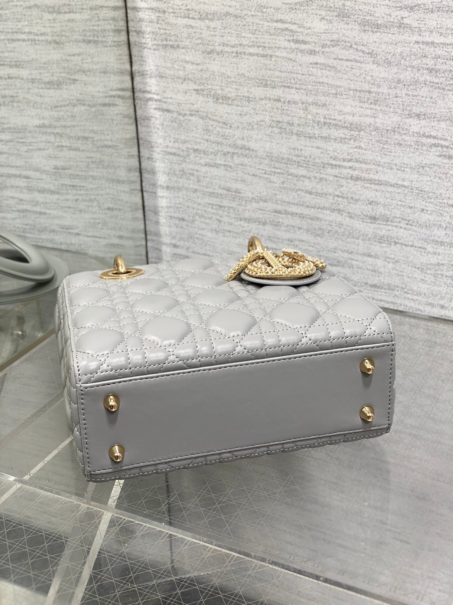 DIOR 25S LADY DIOR BAG 20 IN DARK GRAY CALFSKIN CHARM PEARL EMBELLISHMENTS