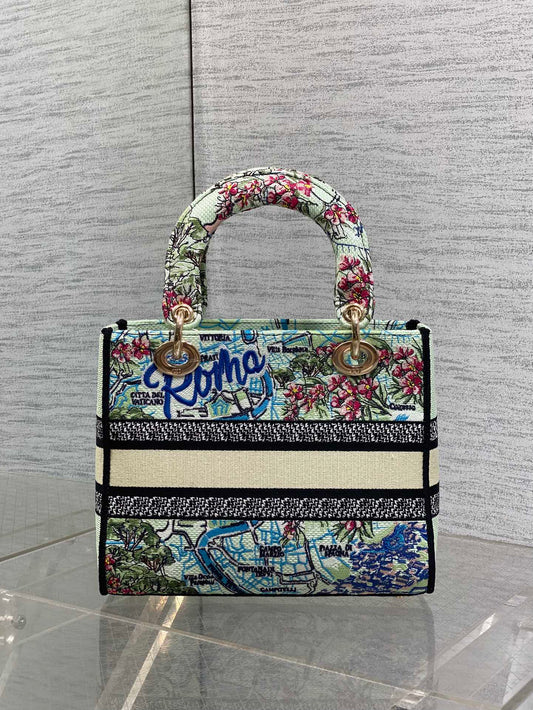 МАЛЕНЬКА СУМКА LADY D-LITE DIOR 25S 24 СИНЬО-БІЛА З КВІТКОВОЮ ВИШИВКОЮ З ПОЛОТНА