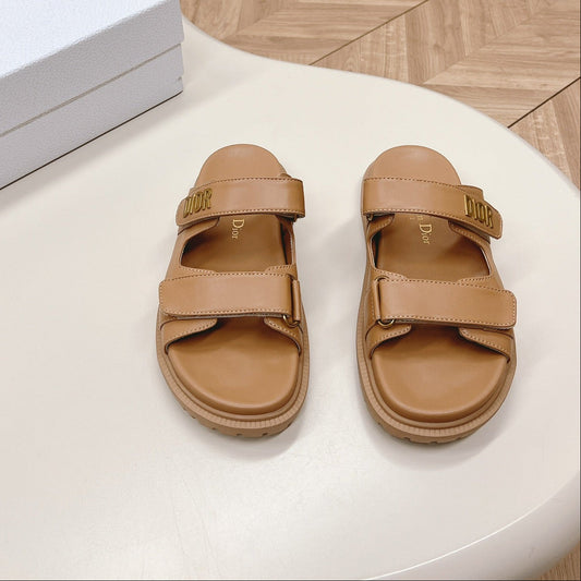 DIOR CLASSIC DOUBLE-STRAP SLIDES 25S IN LIGHT BROWN CALFSKIN - 35