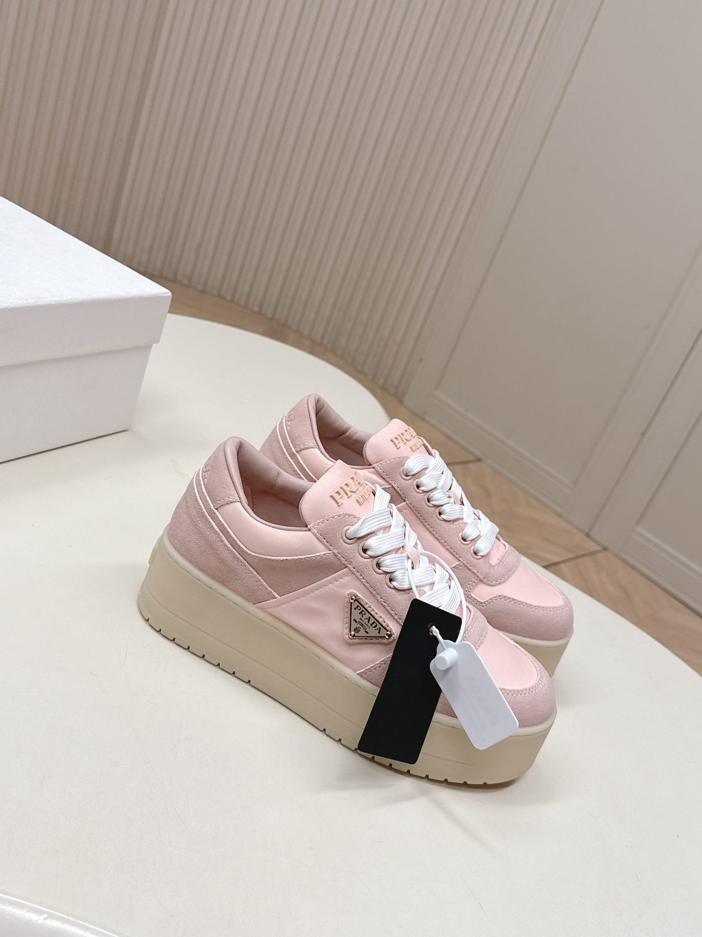 PRADA 26S PLATFORM SNEAKERS 50MM IN PINK SUEDE
