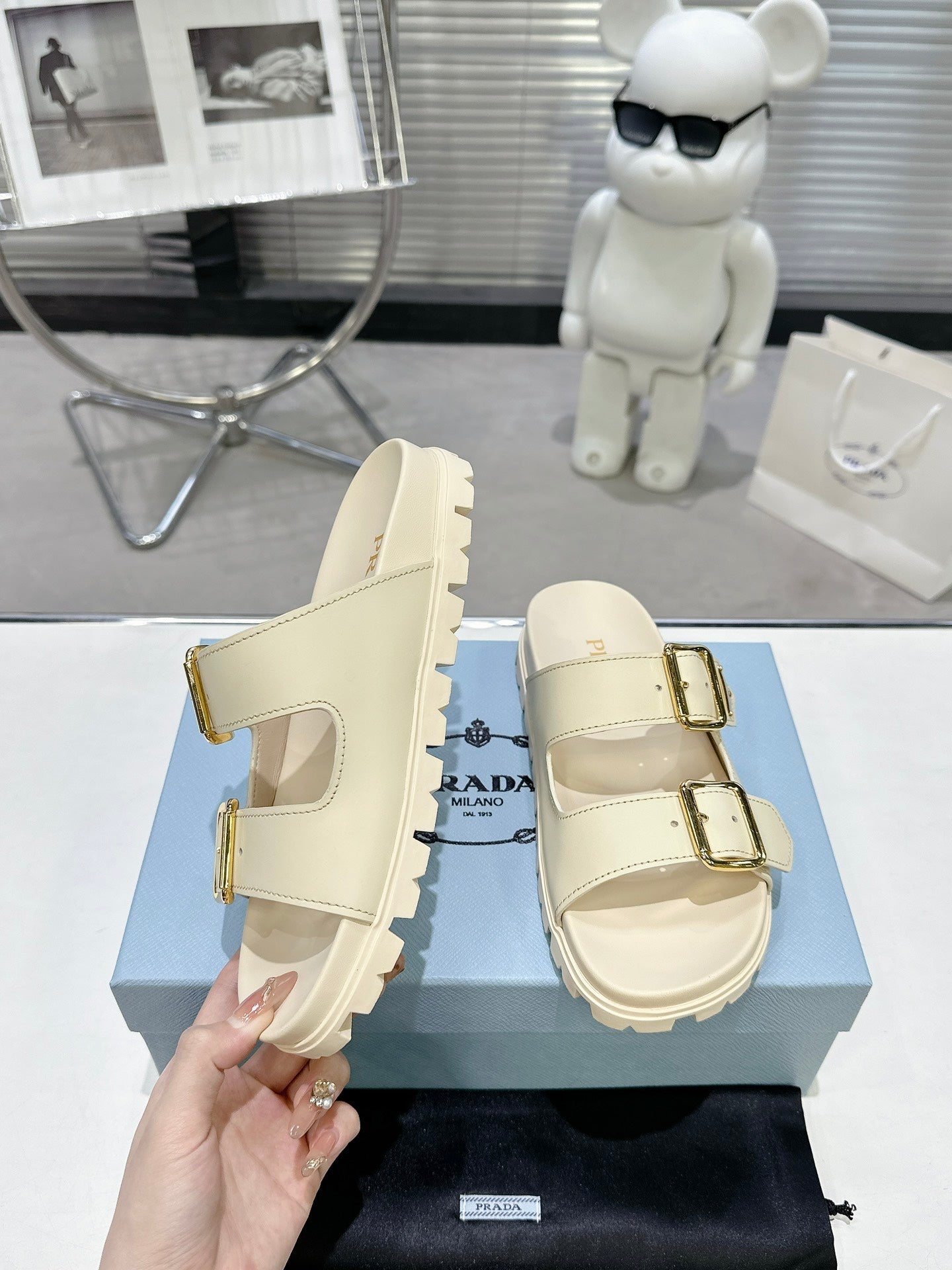 PRADA 25S STRAP SLIDES 30MM IN CREAM CALFSKIN GOLD HARDWARE - 35