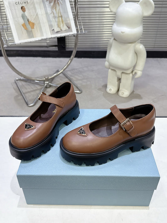 PRADA 25S PLATFORM MARY JANE SHOES IN BROWN CALFSKIN STYLE 1 - 35
