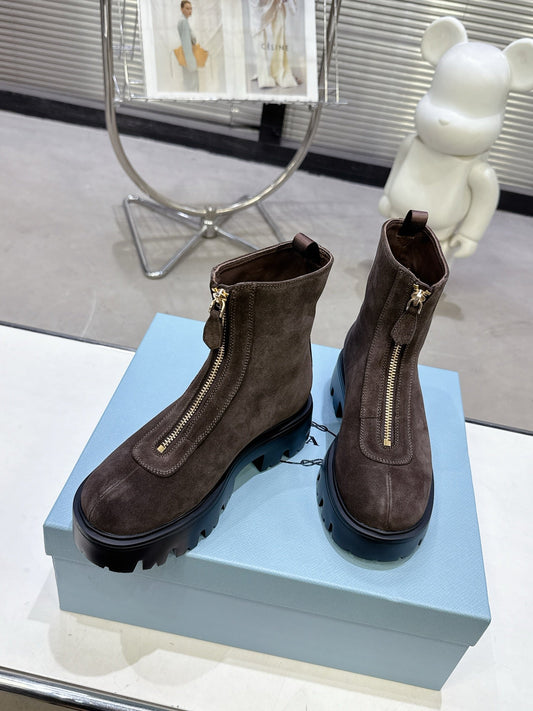 PRADA 25S ZIP-UP ANKLE BOOTS IN DARK BROWN SUEDE - 35