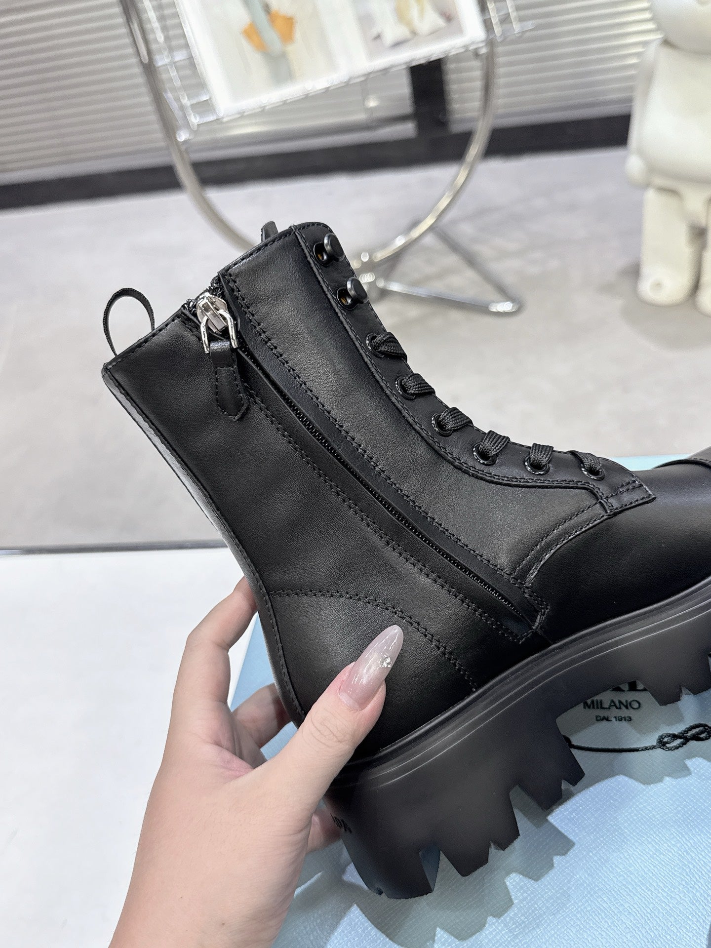 PRADA 25S WARRIOR BOOTS IN BLACK CALFSKIN - 35
