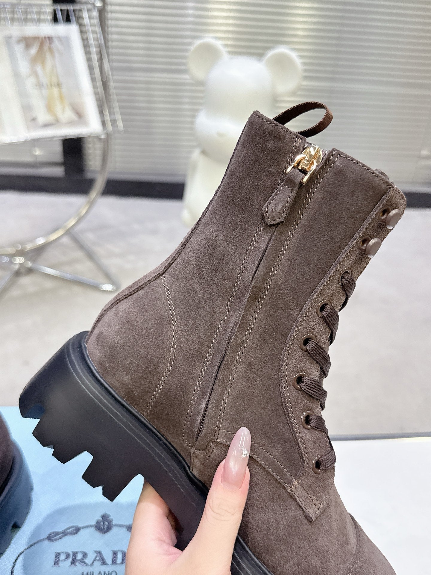 PRADA 25S WARRIOR BOOTS IN DARK BROWN SUEDE - 35