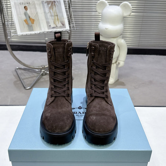 PRADA 25S WARRIOR BOOTS IN DARK BROWN SUEDE - 35