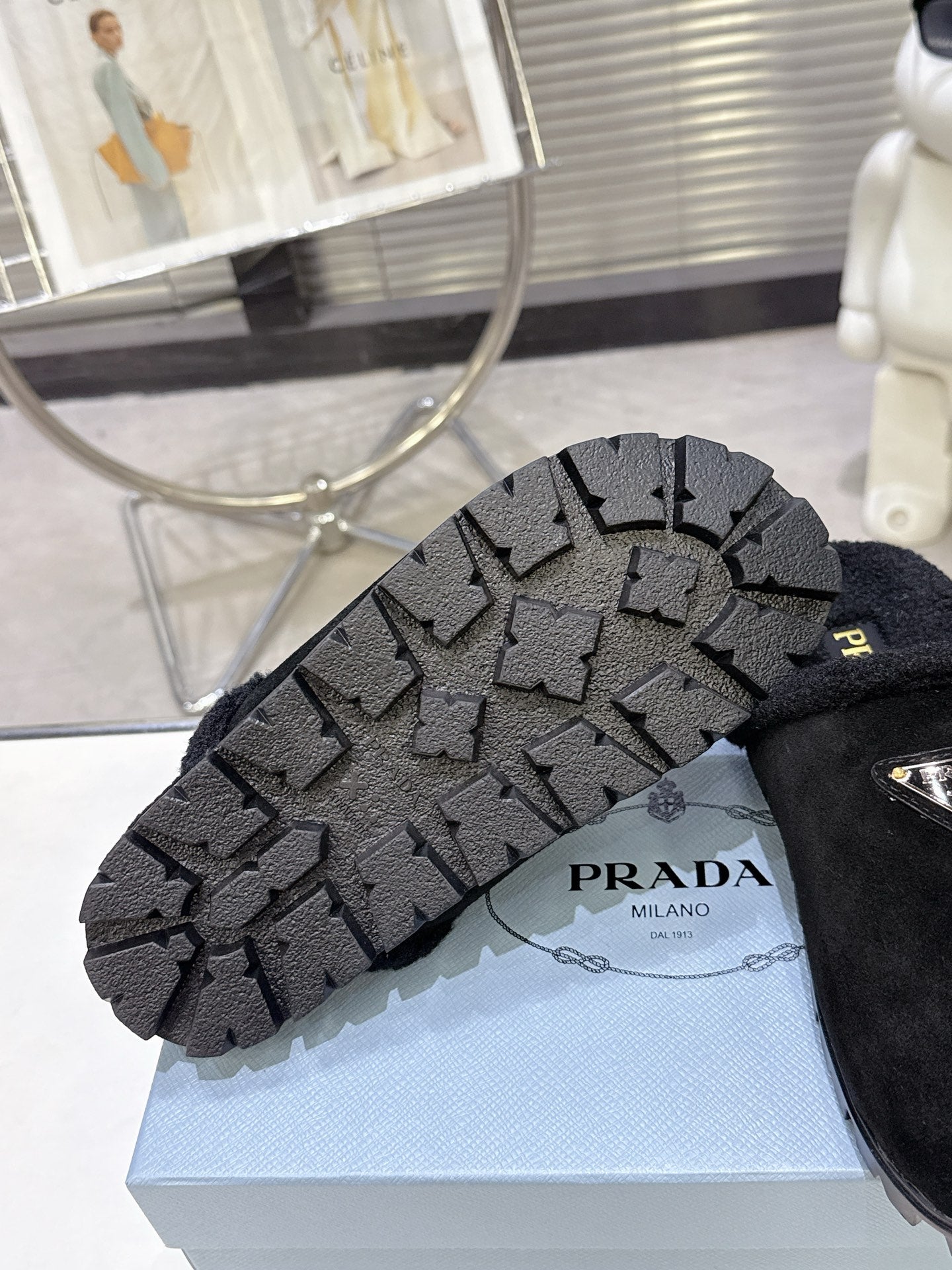 PRADA 25S FUR-LINED SABOT MULES IN BLACK SUEDE - 35