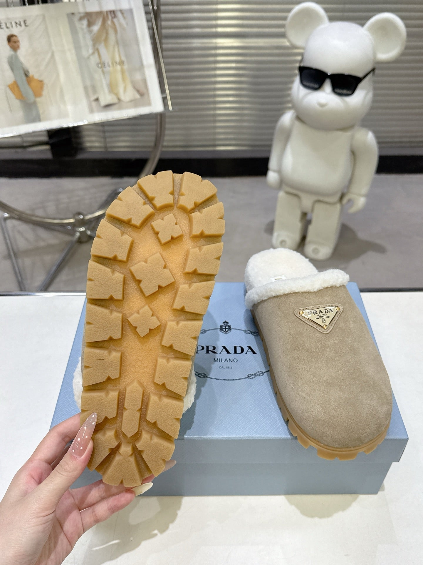 PRADA 25S FUR-LINED SABOT MULES IN BEIGE SUEDE - 35