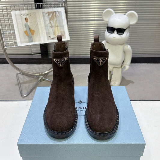 PRADA 25S RETRO PLATFORM MARTIN BOOTS IN DARK BROWN SUEDE - 35
