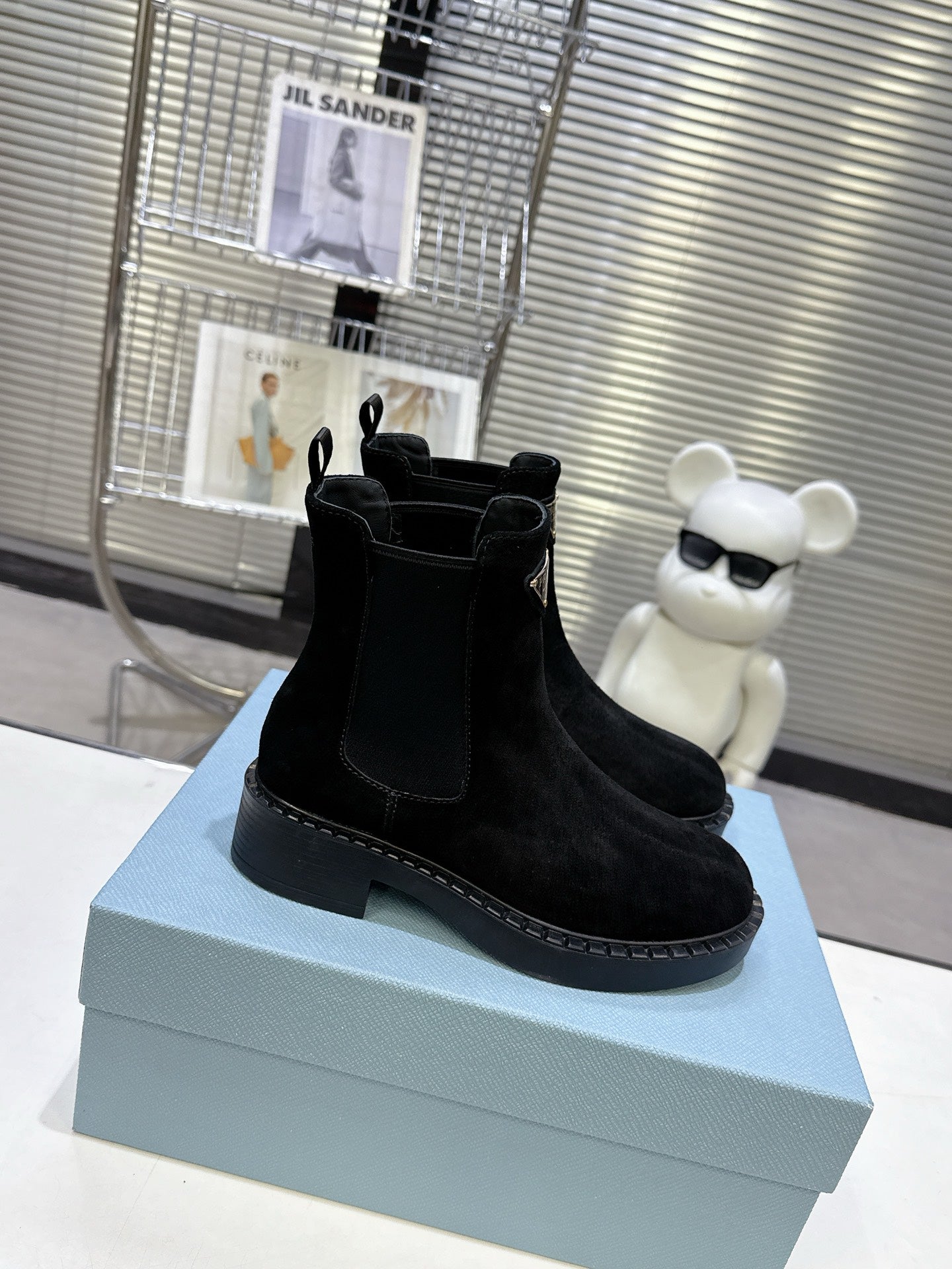 PRADA 25S RETRO PLATFORM MARTIN BOOTS IN BLACK SUEDE - 35