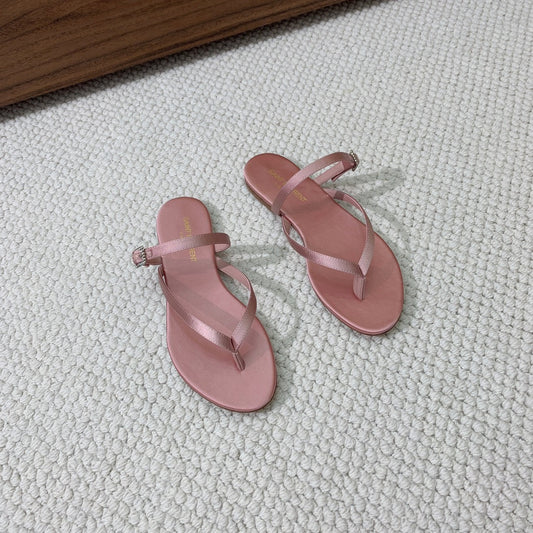 SL CRYSTAL BUCKLE THONG SANDAL LIGHT PINK SATIN - 35