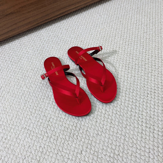 SL CRYSTAL BUCKLE THONG SANDAL RED SATIN - 35