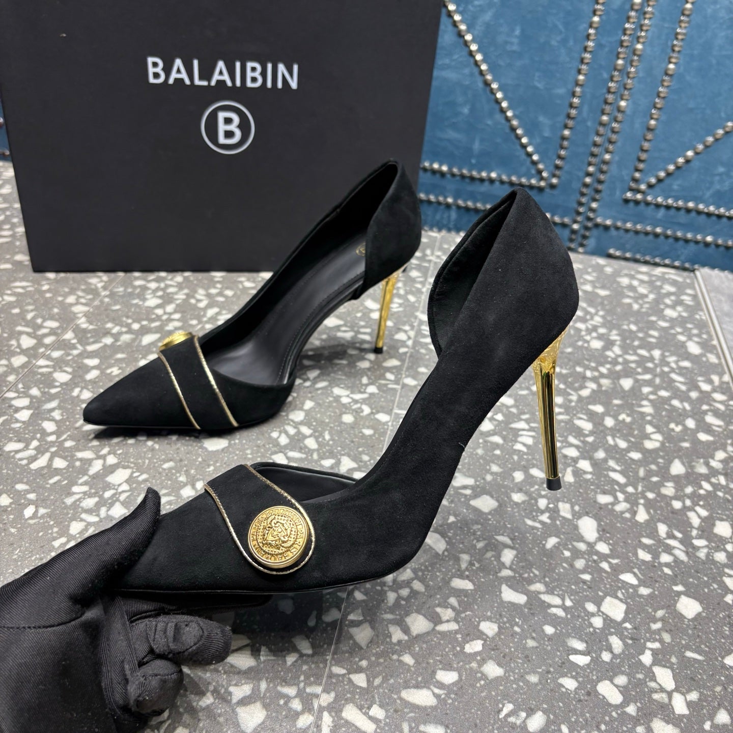 BALMAIN 26S ТУФЛІ НА ВИСОКИХ ПІДБОРАХ 95 ММ З ЧОРНОЇ ЗАМШІ