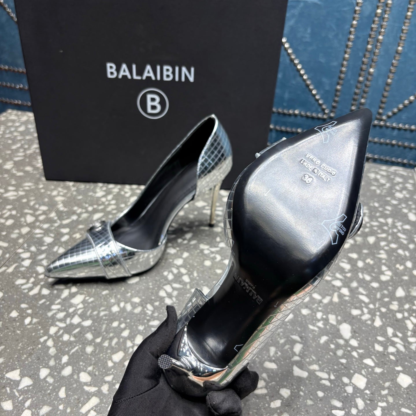 BALMAIN 26S ТУФЛІ НА ВИСОКИХ ПІДБОРАХ 95 ММ ЗІ СРІБНОЇ ТЕЛЯЧОЇ ШКІРИ