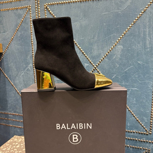 ЧОБОТИ BALMAIN 26S 65 ММ З ЧОРНОЇ ЗАМШІ ТА ЗОЛОТОЇ ТЕЛЯЧОЇ ШКІРИ
