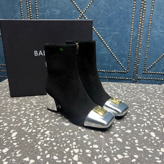 ЧЕРЕВИКИ BALMAIN 26S 65 ММ З ЧОРНОЇ ЗАМШІ ТА СРІБНОЇ ТЕЛЯЧОЇ ШКІРИ