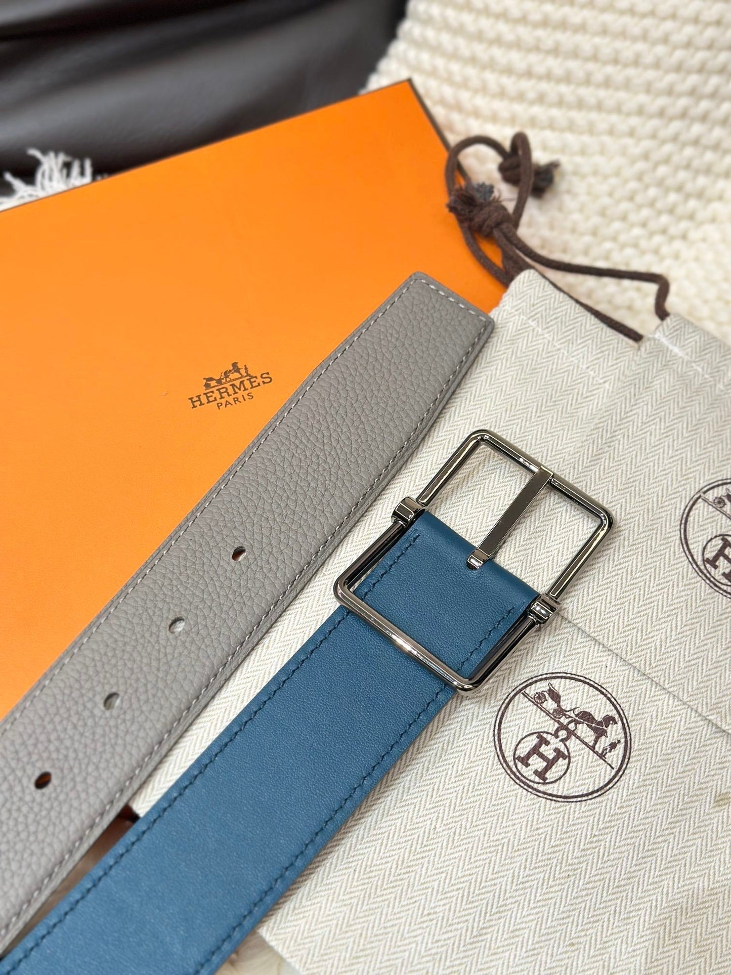 HM HADRIEN 38MM REVERSIBLE BELT GREY AND AEGEAN BLUE LEATHER SILVER BUCKLE - 30