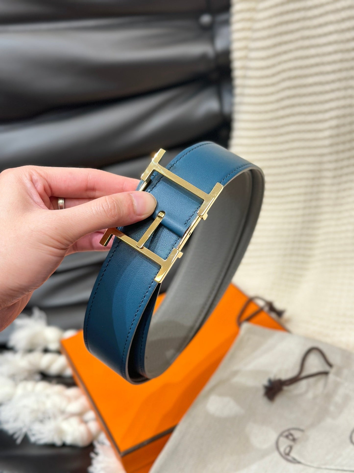 HM HADRIEN 38MM REVERSIBLE BELT GREY AND BLUE LEATHER GOLD BUCKLE - 30