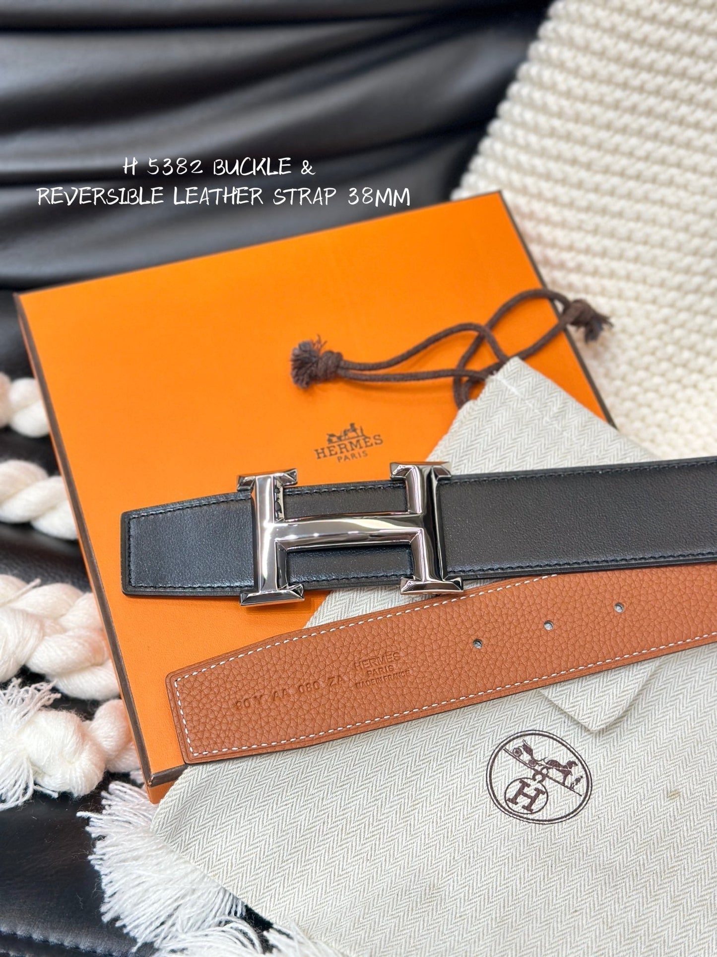 HM 5382 BELT SILVER BUCKLE & REVERSIBLE ORANGE LEATHER STRAP 38MM - 30