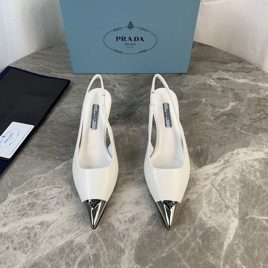 ТУФЛІ-СЛІНГБЕКИ PRADA 25S ІЗ БІЛОЇ ТЕЛЯЧОЇ ШКІРИ З МЕТАЛЕВИМ НОСКОМ - 34