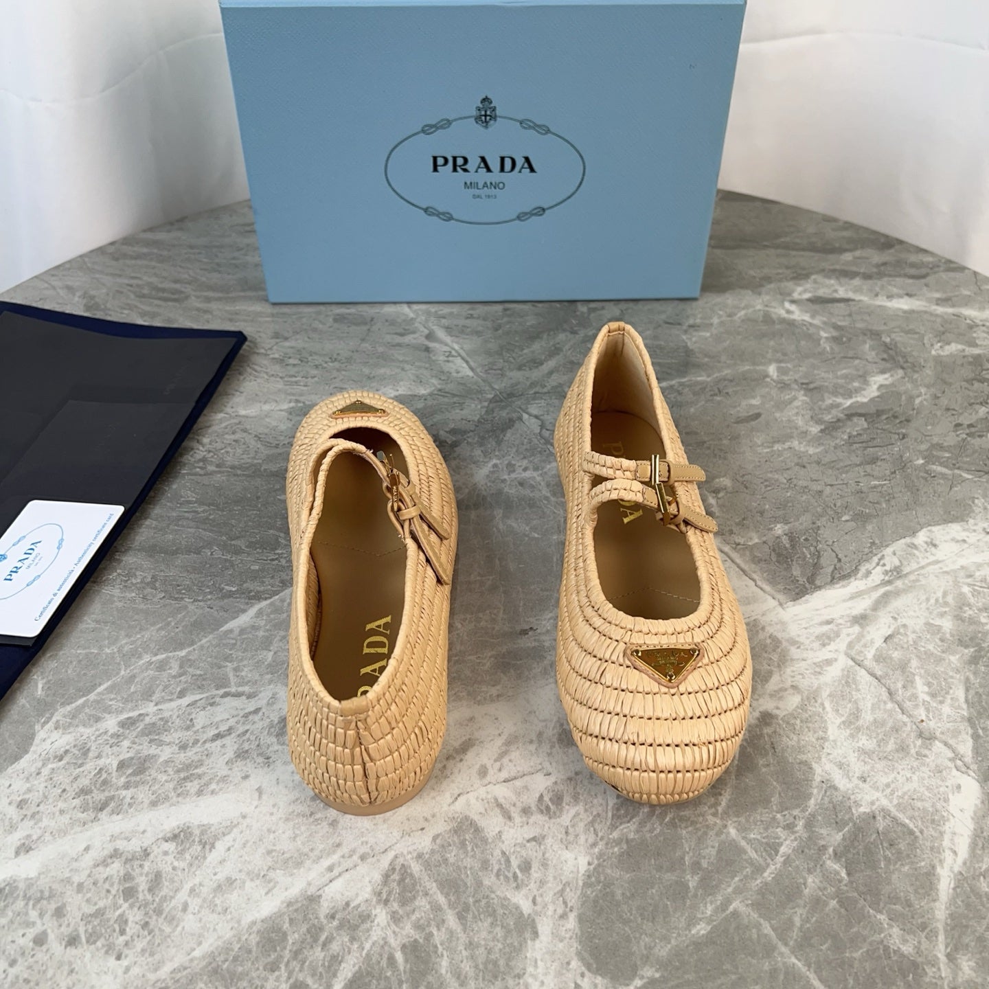 PRADA 25S BALLET FLAT IN NATURAL RAFFIA AND CALFSKIN - 35