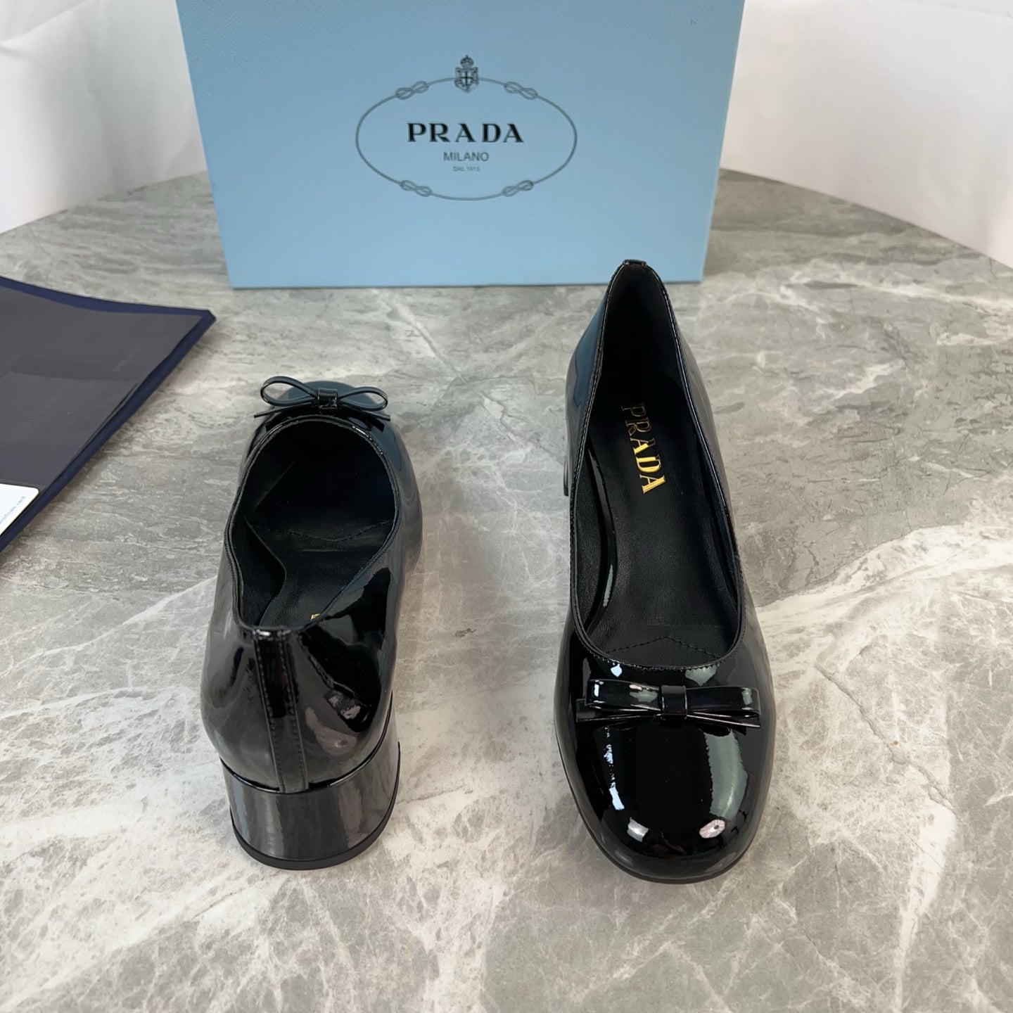 PRADA 25S LOW HEELS SLIP ON BOW 45MM IN BLACK GLOSSY CALFSKIN - 34