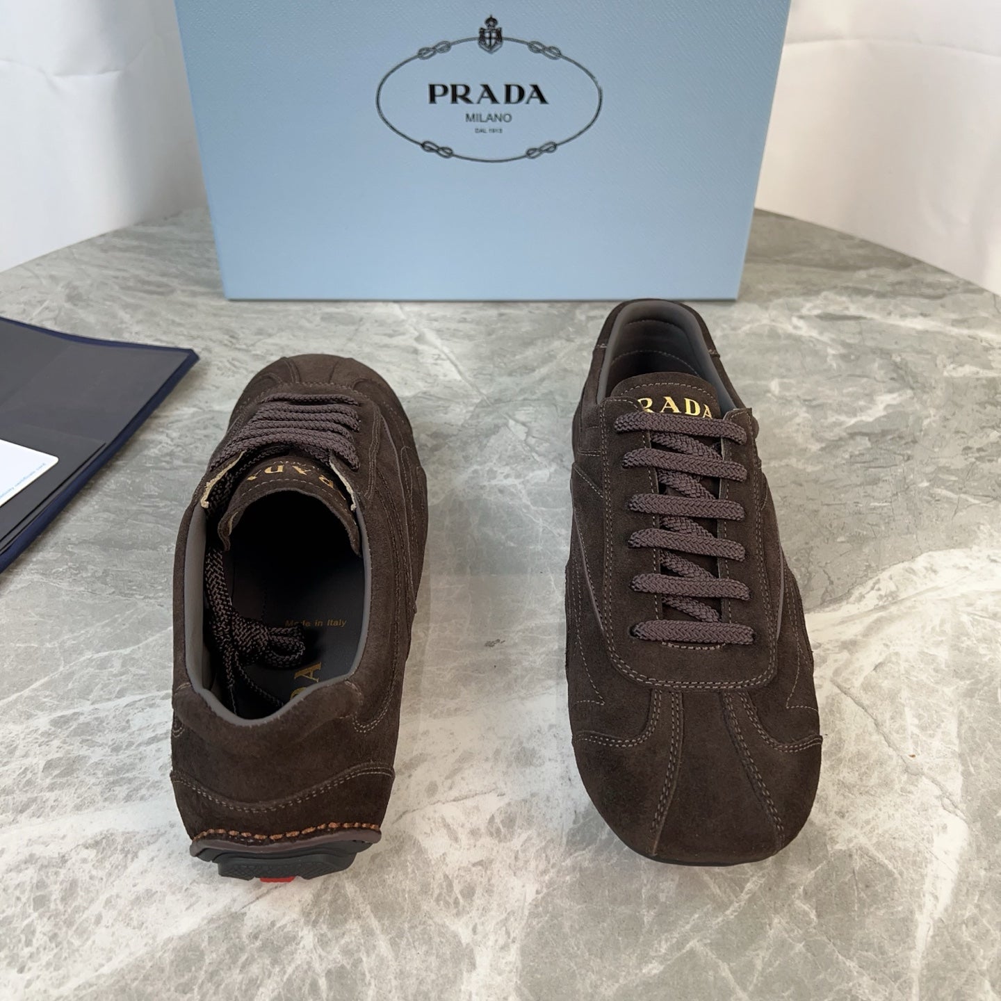 PRADA 25S MONTECARLO ANTIQUED SNEAKERS IN DARK BROWN SUEDE - 35