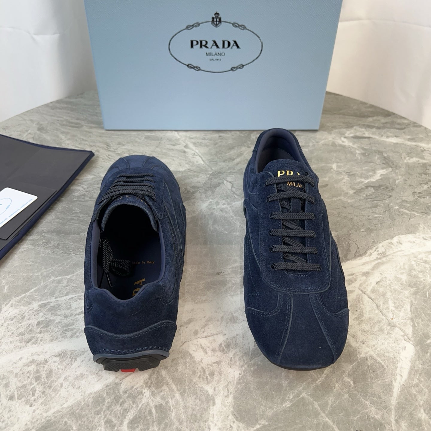PRADA 25S MONTECARLO ANTIQUED SNEAKERS IN NAVY BLUE SUEDE - 35