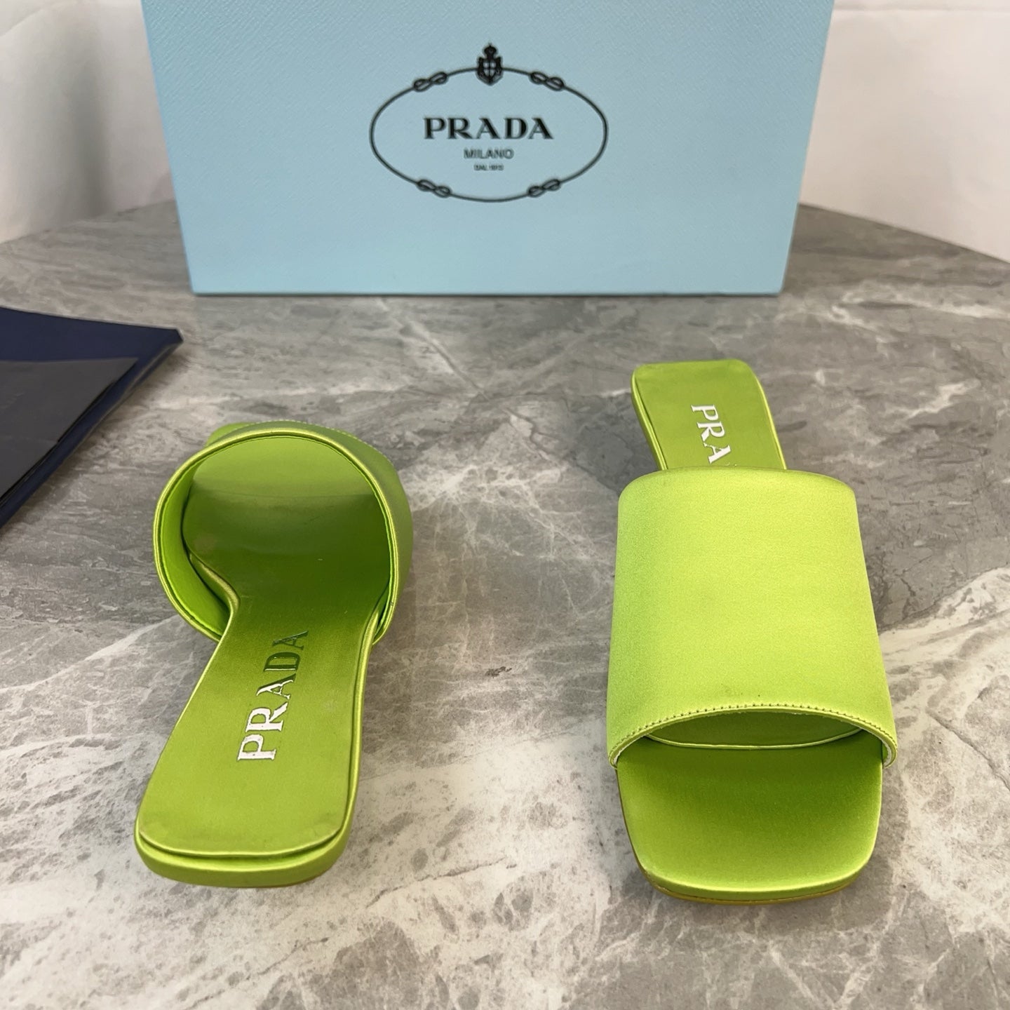 PRADA 25S TRIANGLE HEEL SANDALS 35MM IN LIME YELLOW SATIN - 34