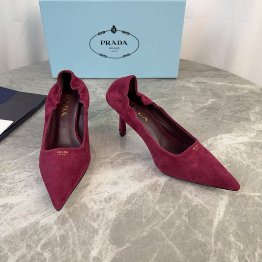 PRADA 25S ТУФЛІ НА ВИСОКИХ ПІДБОРАХ 75 ММ З ТЕМНО-ЧЕРВОНОЇ ЗАМШІ - 34