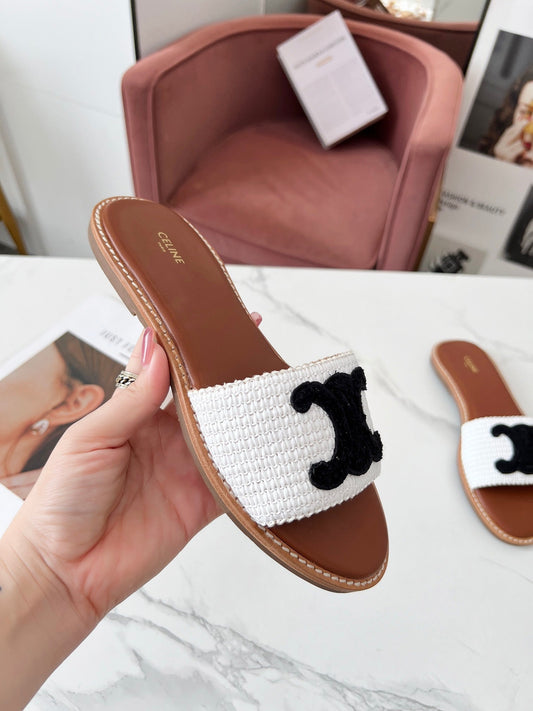LYMPIA MULE WHITE RAFFIA AND BLACK WOOL LOGO - 35