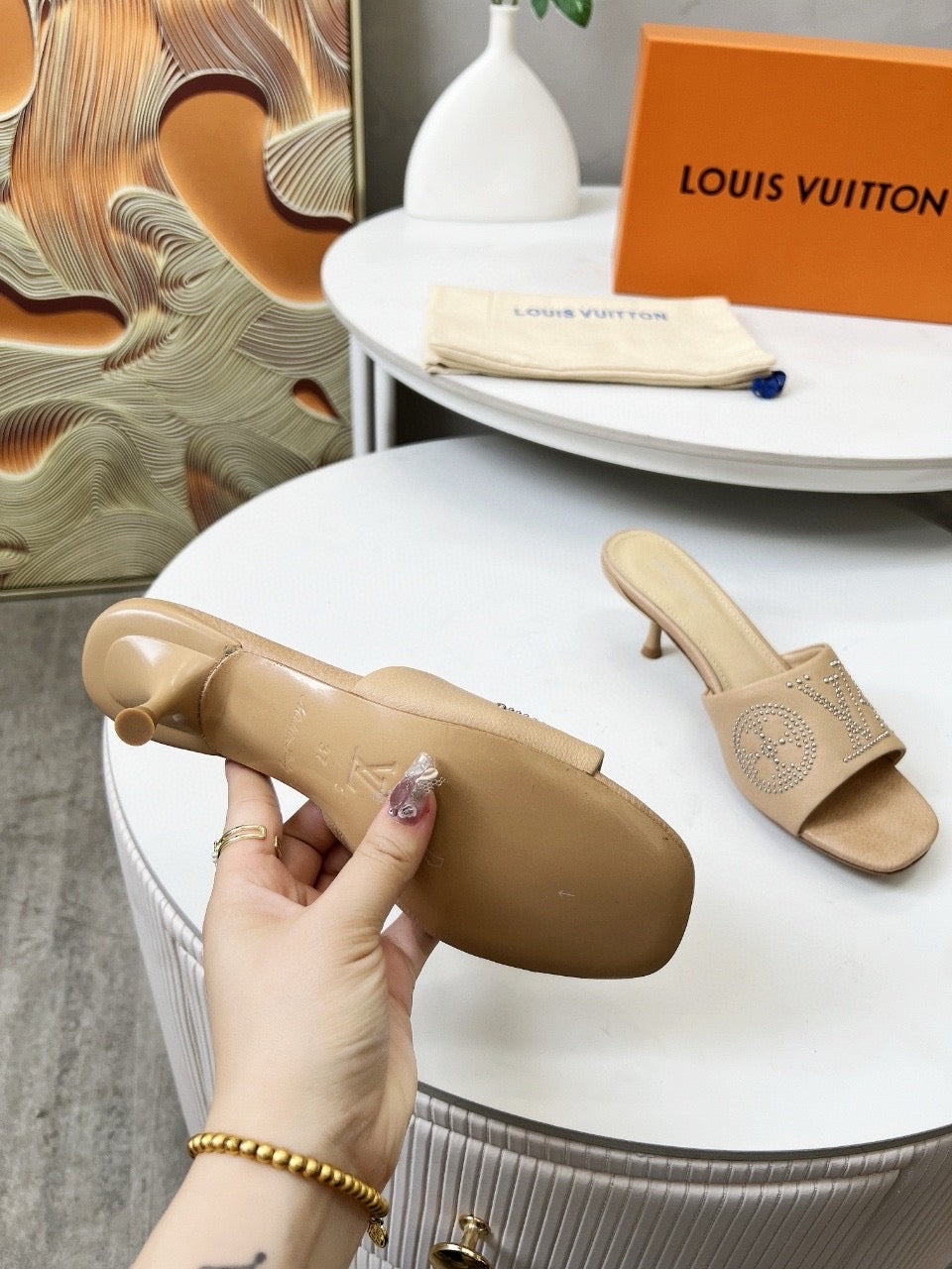 HIGH MULE IN CAMEL BEIGE LAMBSKIN WITH RHINSTONES 55 MM - 35