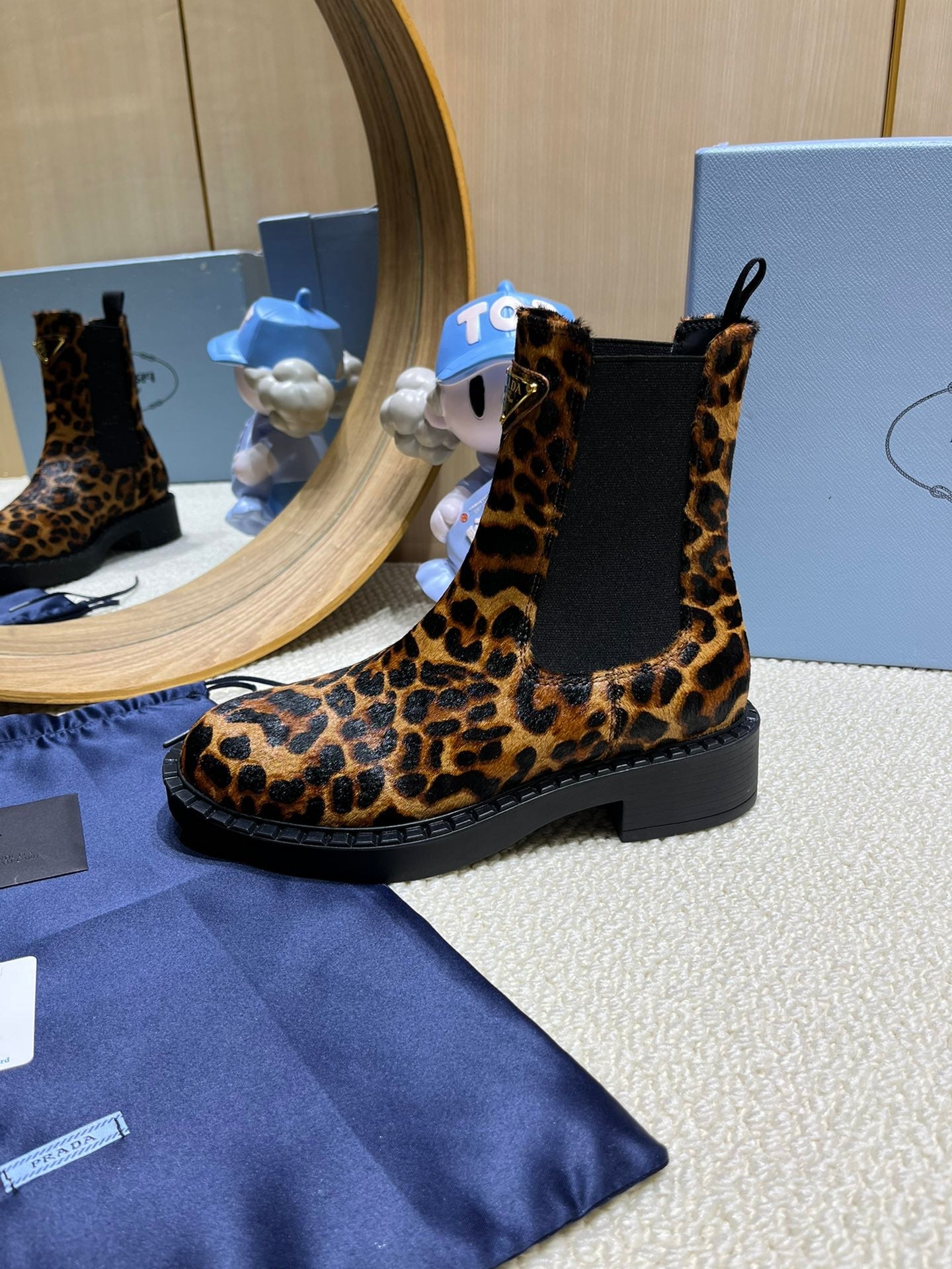 ANKLE BOOTS ATTACHED TRIANGLE LOGO IN LEOPARD PRINT HORSEHAIR - 35