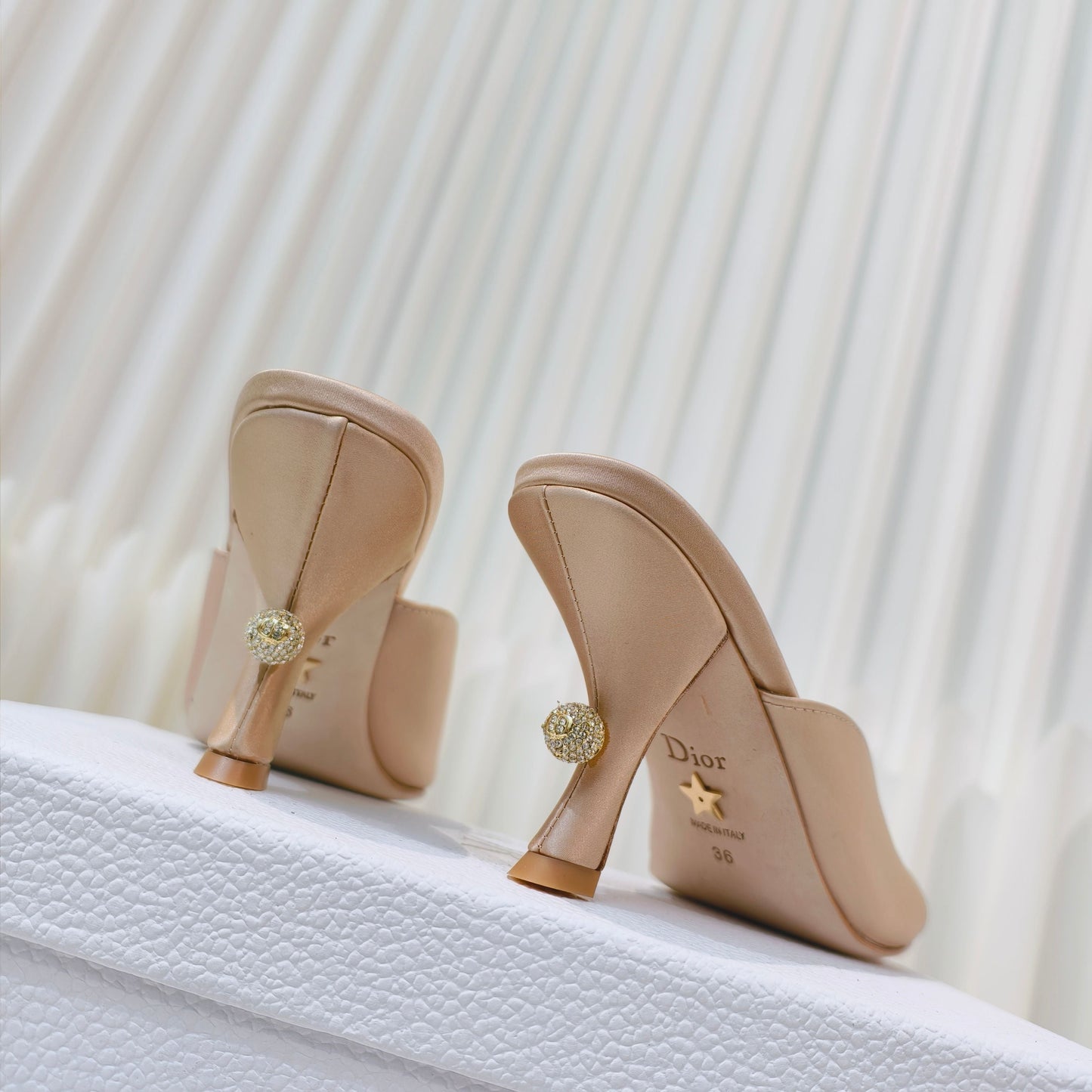 DIOR EMBELLISHED HIGH HEEL SLIDES 25S IN LIGHT BEIGE SATIN - 34