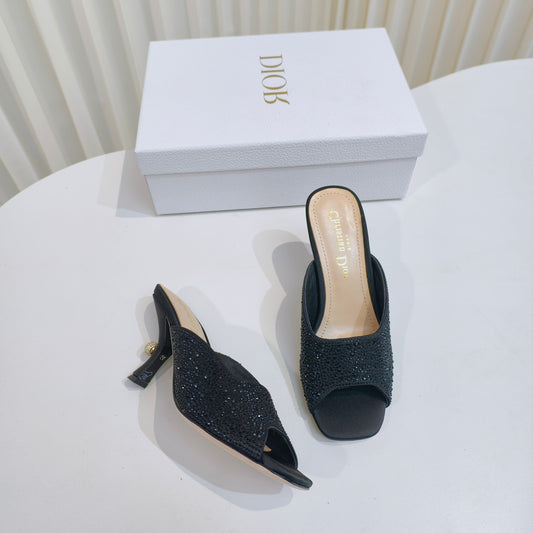 DIOR EMBELLISHED HIGH HEEL SLIDES 25S IN BLACK SATIN AND CALFSKIN - 34