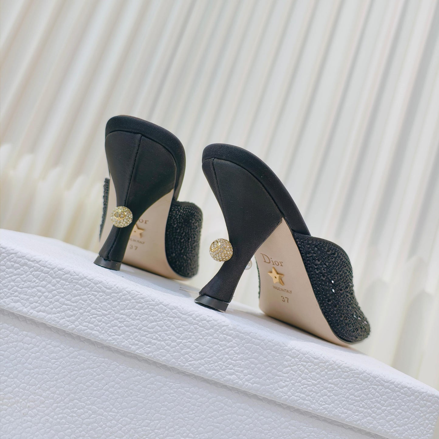 DIOR EMBELLISHED HIGH HEEL SLIDES 25S IN BLACK SATIN AND CALFSKIN - 34
