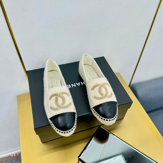 CC ESPADRILLES PLATFORM 25S IN CREAM WHITE KNITTED WOOL AND BLACK LAMBSKIN - 34