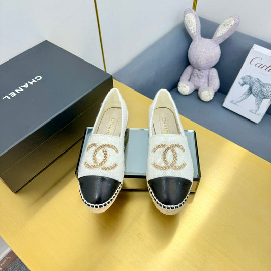 CC ESPADRILLES PLATFORM 25S IN WHITE KNITTED WOOL AND BLACK LAMBSKIN - 34