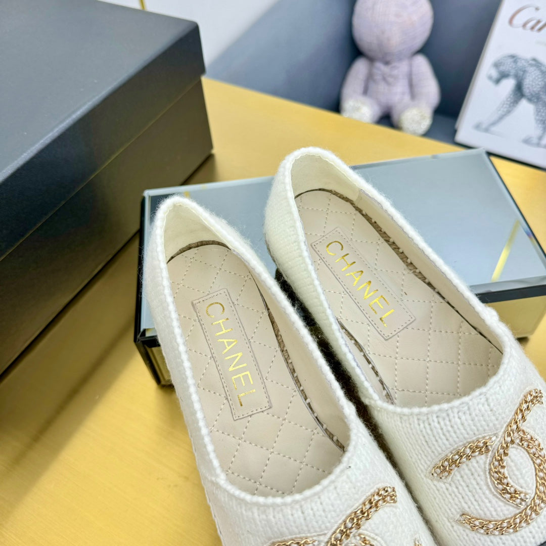 CC ESPADRILLES PLATFORM 25S IN WHITE KNITTED WOOL AND BLACK LAMBSKIN - 34
