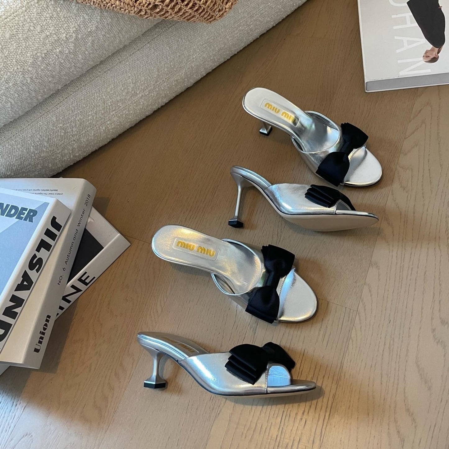 Silver High - Heels With Black Bow Calfskin - 35