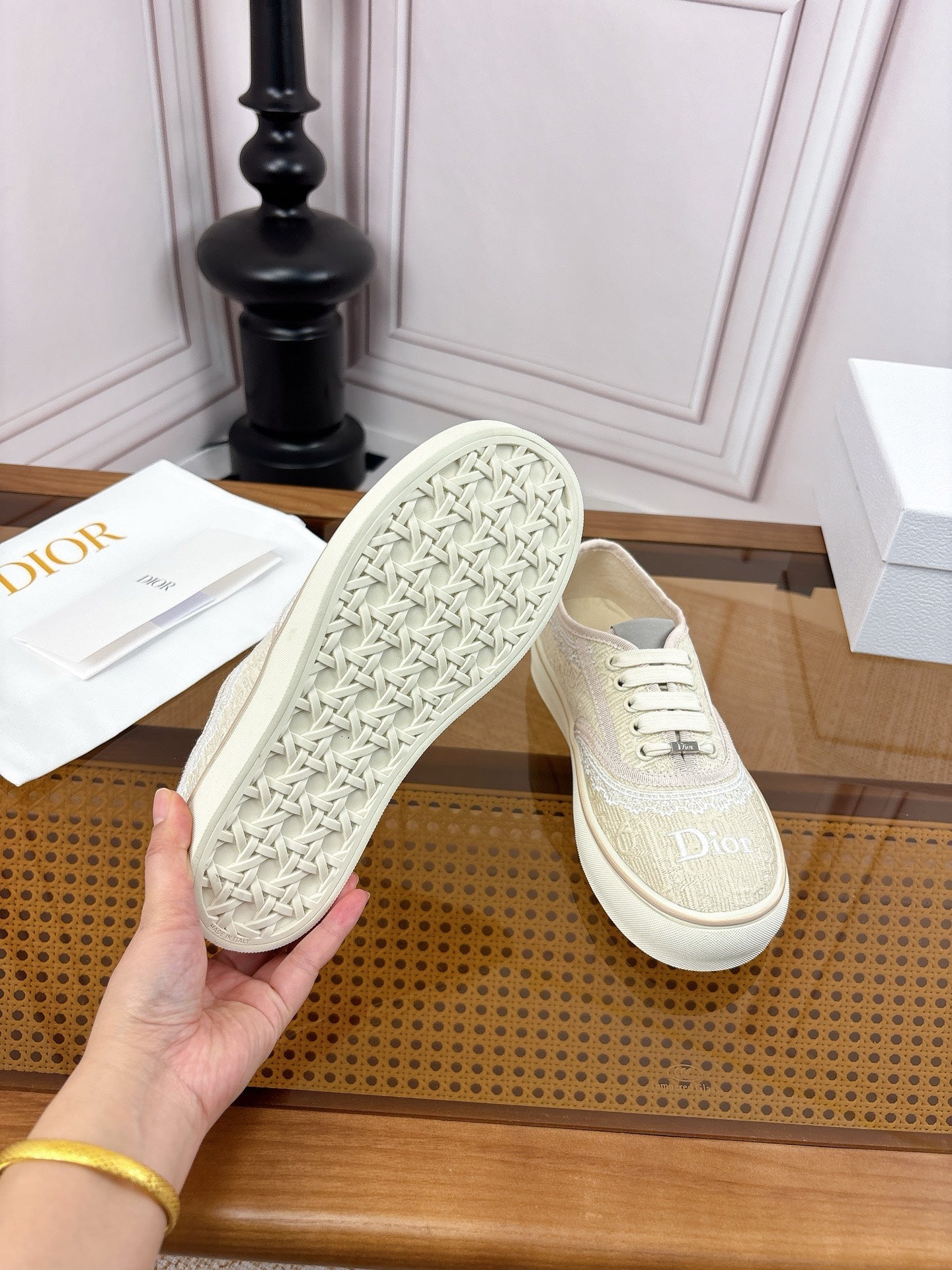 DIOR 26S LOW TOP SNEAKERS IN BEIGE CANVAS WITH WHITE LACE TRIM & LOGO PRINT