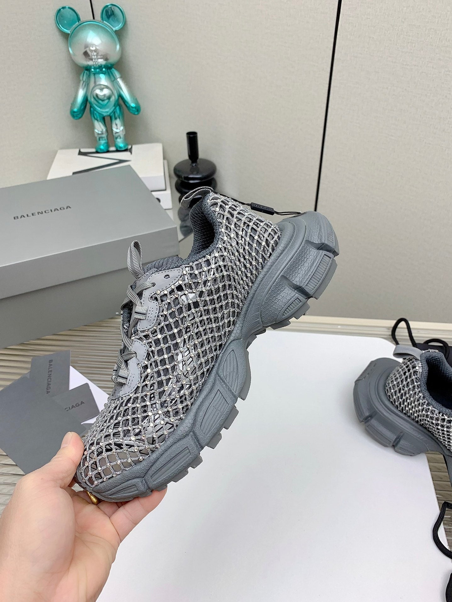 XL FISHNET SNEAKER IN GRAY MESH, POLYURETHANE, POLYESTER WITH RHINESTONES - 35