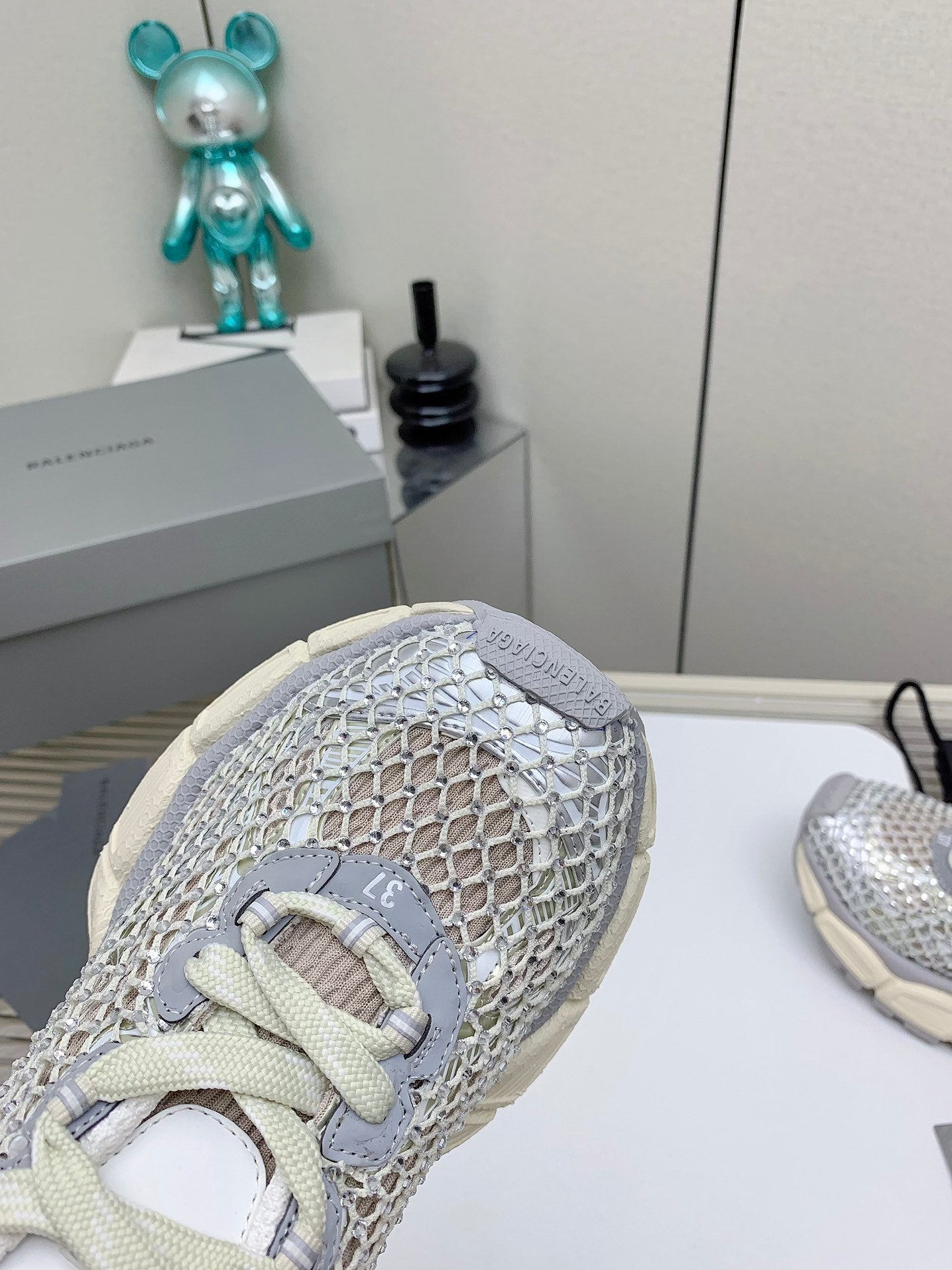 XL FISHNET SNEAKER IN GRAY AND BEIGE MESH, POLYURETHANE, POLYESTER WITH RHINESTONES - 35