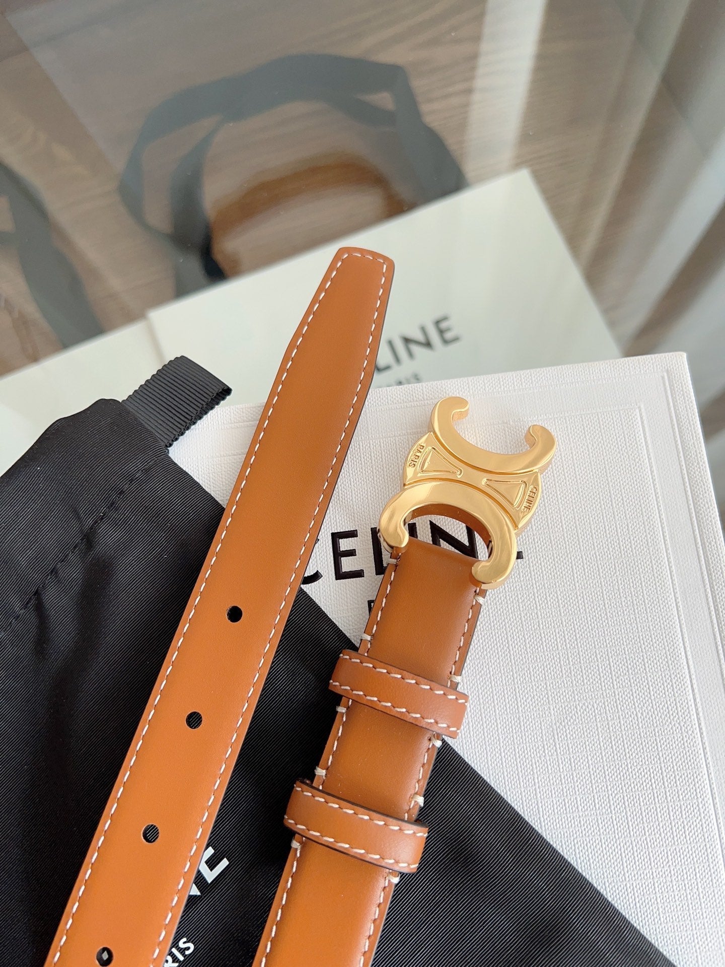 TRIOMPHE BELT 24MM IN BRONZE BROWN CALFSKIN WITH GOLD BUCKLE - 30